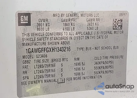 2017 Chevrolet Express 2500 Lt from USA, damaged, VIN 1GAWGFFGXH1343216